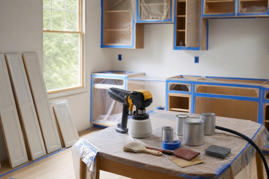 Kitchen cabinet painting project preparation with doors removed and workspace organized for professional refinishing